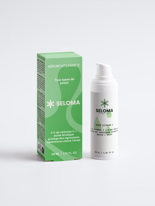 Sérum Vitamine C SELOMA 30 ml et son étui : 2 % de vitamine C et acide férulique, à appliquer le matin