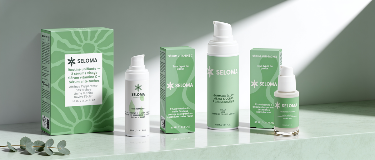 La gamme SELOMA au complet : coffret duo, Sérum Vitamine C, Gommage Éclat et Sérum Anti-Taches sur une tablette de marbre vert sauge